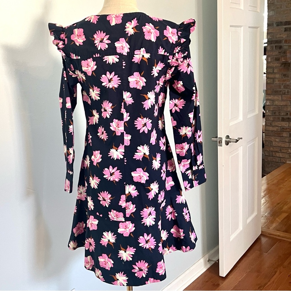 Free Assembly,Navy/Pink Floral, Ruffle Shoulder,Side Zip,Fit-Flare Dress Size XS - Picture 6 of 11